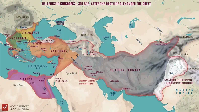 헬레니즘 후계 왕국 지도 (주전 301년경, 출처: worldhistory.org)